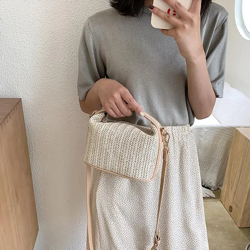 Sac à Main Paille Fermeture Éclair Beige