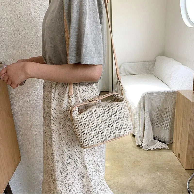 Sac à Main Paille Fermeture Éclair Beige
