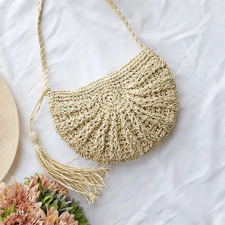 Sac à Main Paille Pompon demi-lune