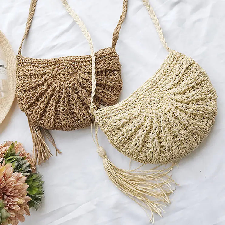 Sac à Main Paille Pompon demi-lune