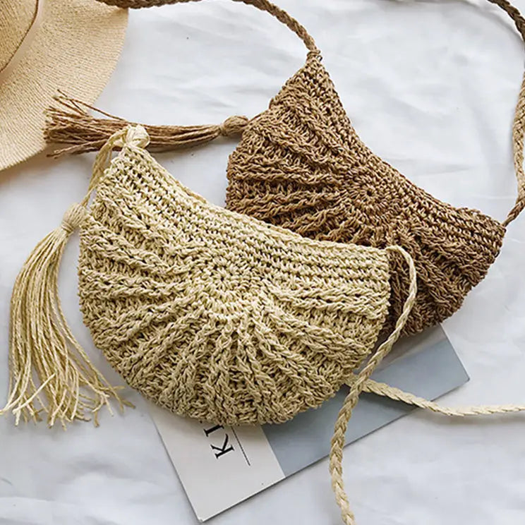 Sac à Main Paille Pompon demi-lune