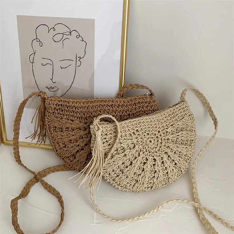 Sac à Main Paille Pompon demi-lune