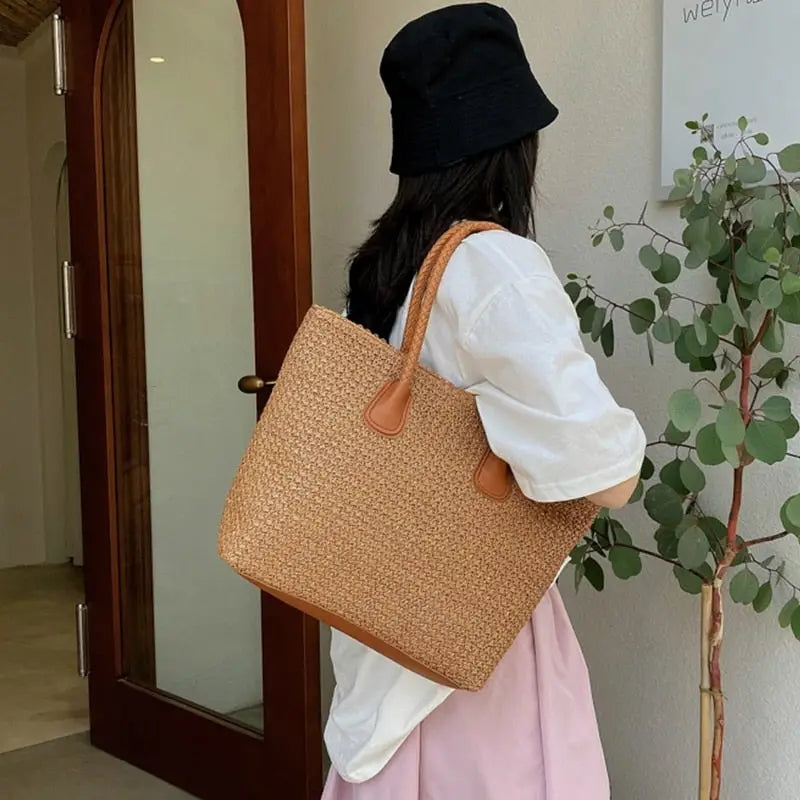 Sac Cabas Paille Tressé Foncé