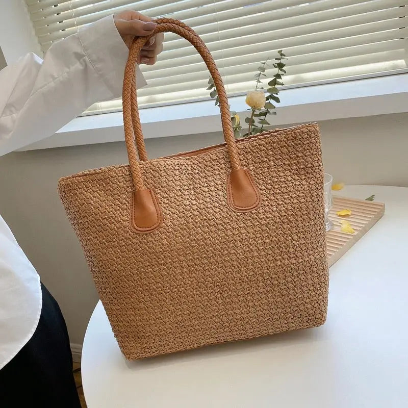 Sac Cabas Paille Tressé Foncé