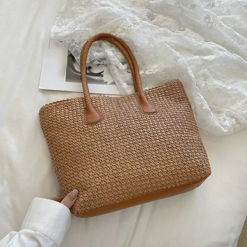 Sac Cabas Paille Tressé Foncé