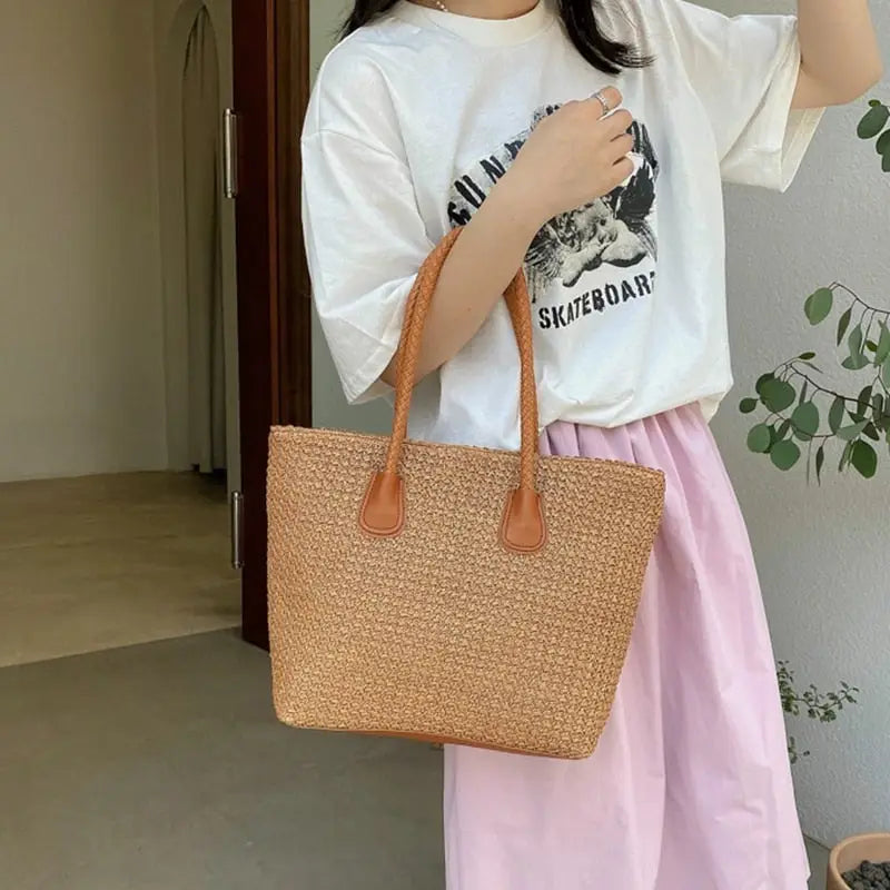 Sac Cabas Paille Tressé Foncé