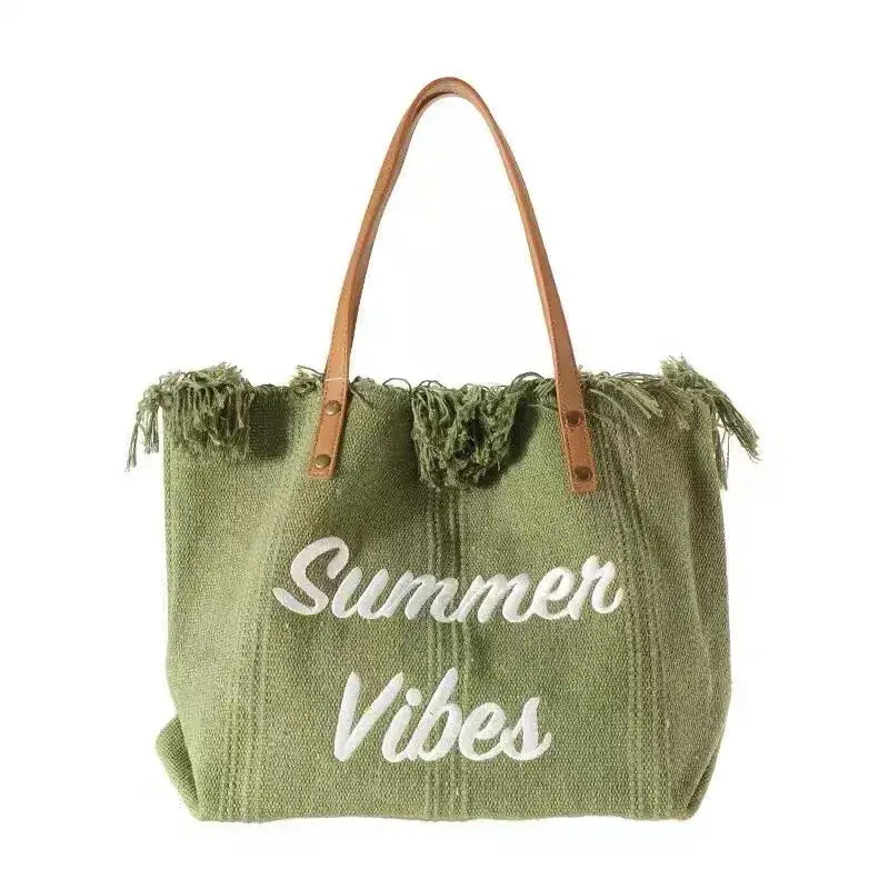 sac de plage femme vert à franges