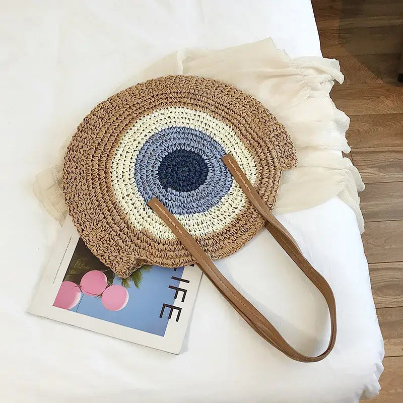 sac de plage rond en paille marron 