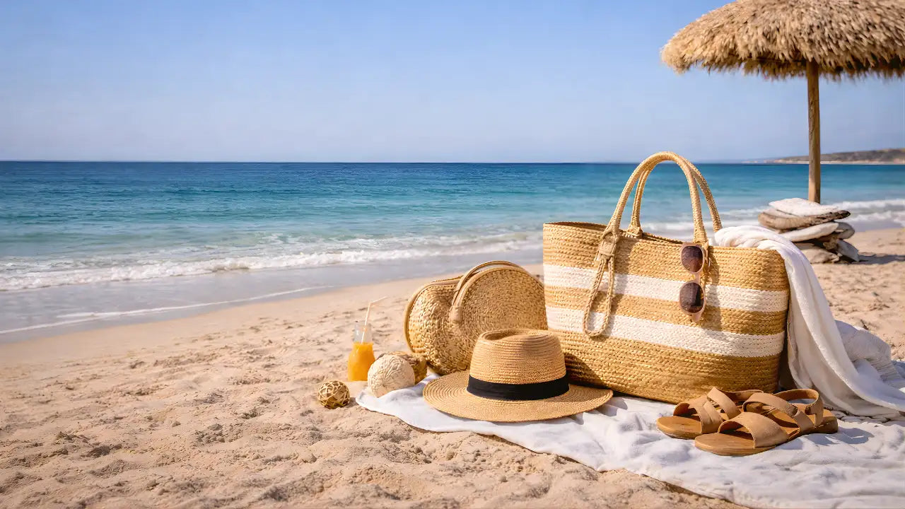 Un sac fourre-tout tissé en paille avec des rayures horizontales crème et beige, doté de poignées robustes et d'un design décontracté pour la plage.