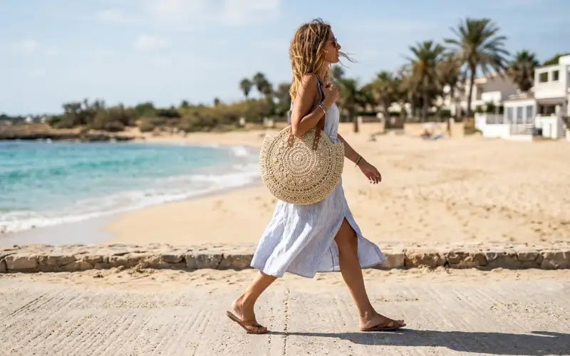 Un sac de plage rond en paille tissée de couleur beige naturel avec des motifs circulaires complexes.