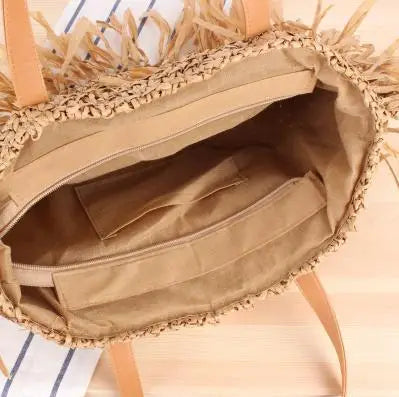 Sac Rond Paille Avec Frange