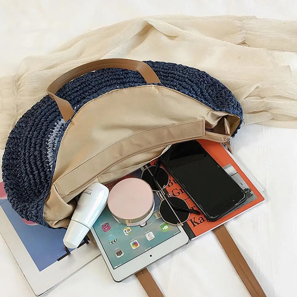 Sac Rond Paille Bleu