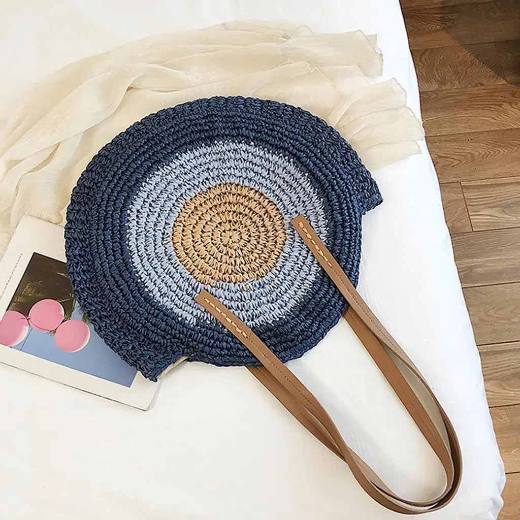 Sac Rond Paille Bleu