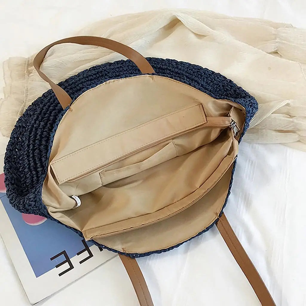 Sac Rond Paille Bleu